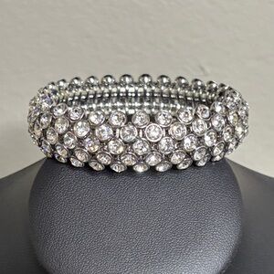 Stretch Bezel Rhinestone Silver Tone Bangle Statement Bracelet
